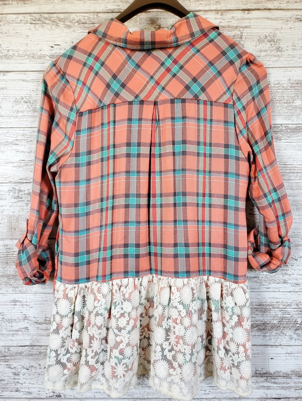 NWT Matilda Jane Noble Plaid Flannel Lace Tunic Top Coral Aqua Boho Blouse - Picture 3 of 16